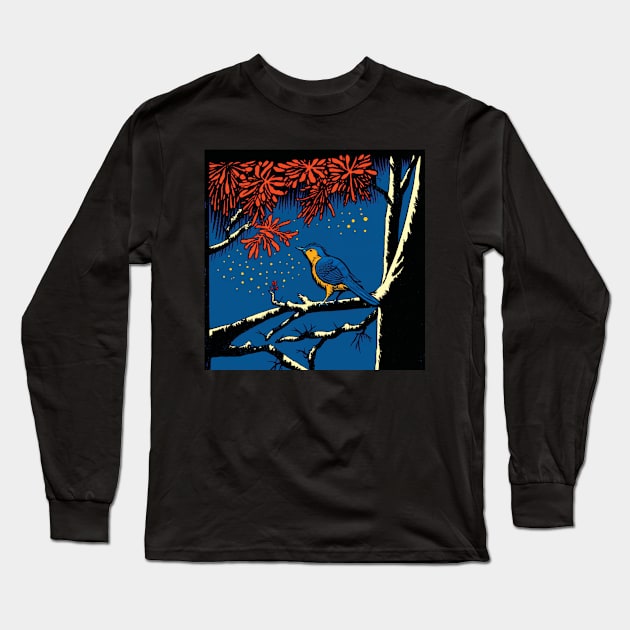 Blue Bird in a Red Blossom Tree Long Sleeve T-Shirt by Geminiartstudio